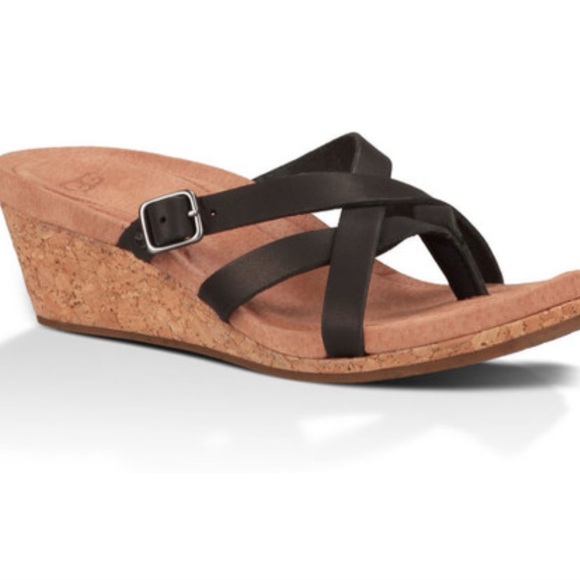 UGG Shoes - UGG Adalie Cork Wedge Thong Brown Leather Sandal Cushioned Footbed Size 10
